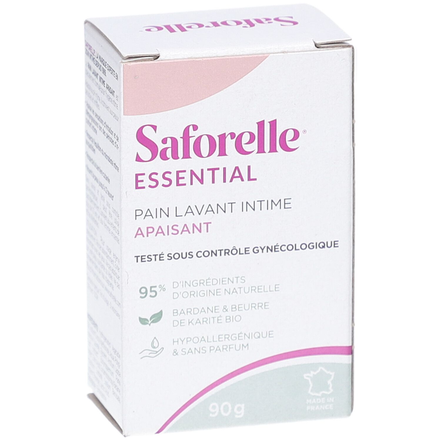 Boîte blanche Saforelle Essential. Pain lavant intime apaisant. Testé sous contrôle gynécologique. 95% ingrédients naturels. 90g.