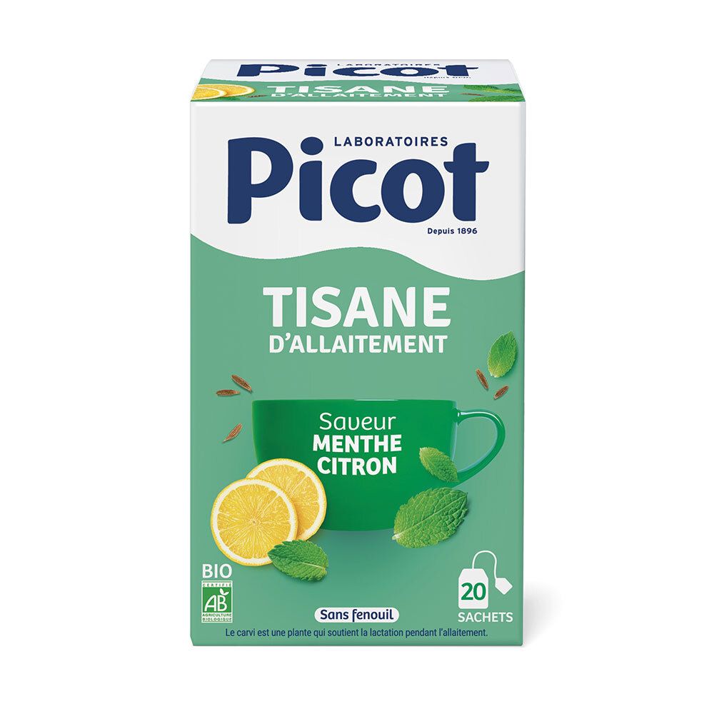 Boîte verte avec logo Picot et "Tisane d'allaitement". Citron, menthe et tasse illustrés. 20 sachets. Label AB.