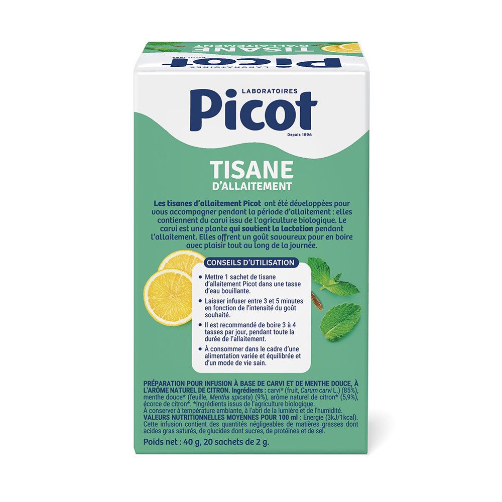 Dos de la boîte verte avec texte. Informations sur les ingrédients et l'utilisation. 20 sachets, 40g.