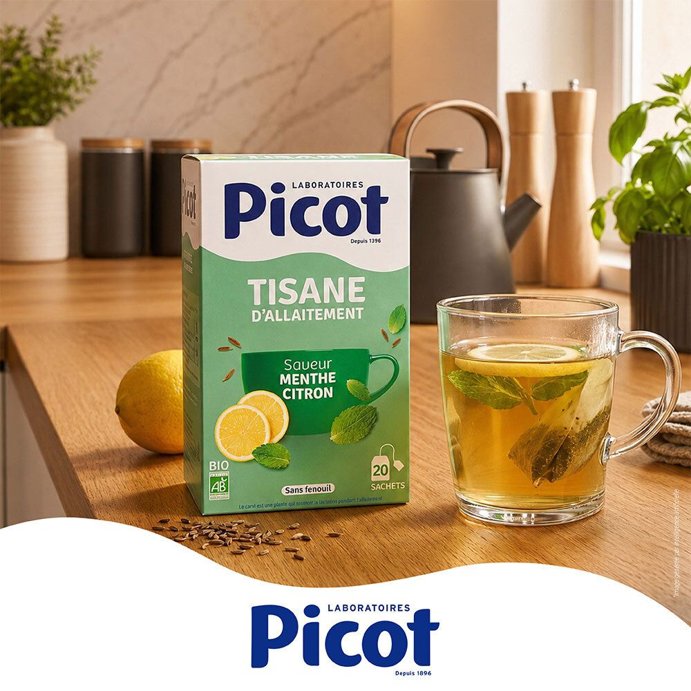 Une tasse de tisane Picot Menthe Citron avec citron et menthe.