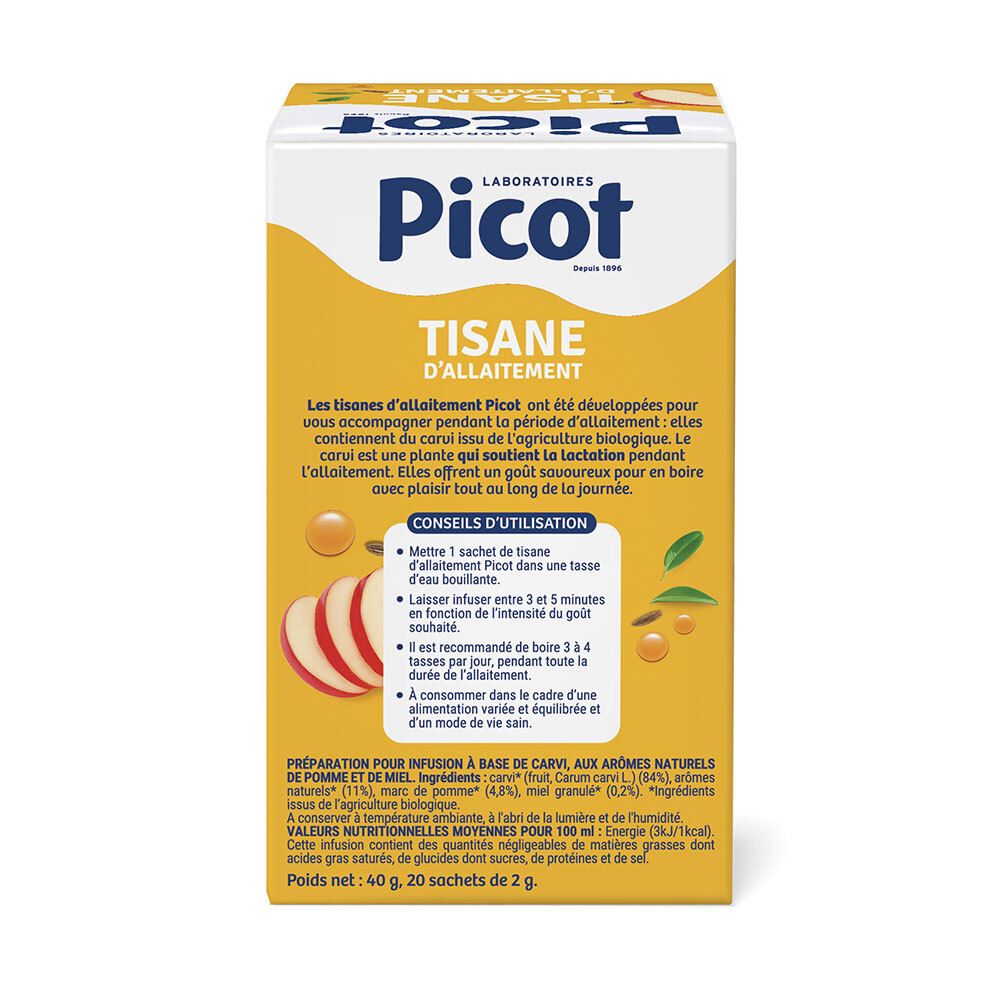 Boîte jaune avec texte. Informations d'utilisation et valeurs nutritionnelles. Texte en français.