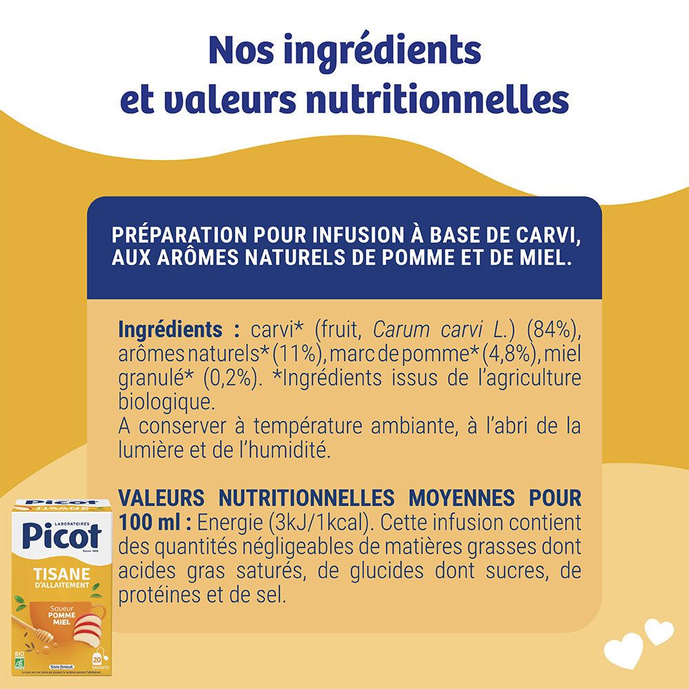 Boîte avec informations nutritionnelles et liste des ingrédients pour tisane.