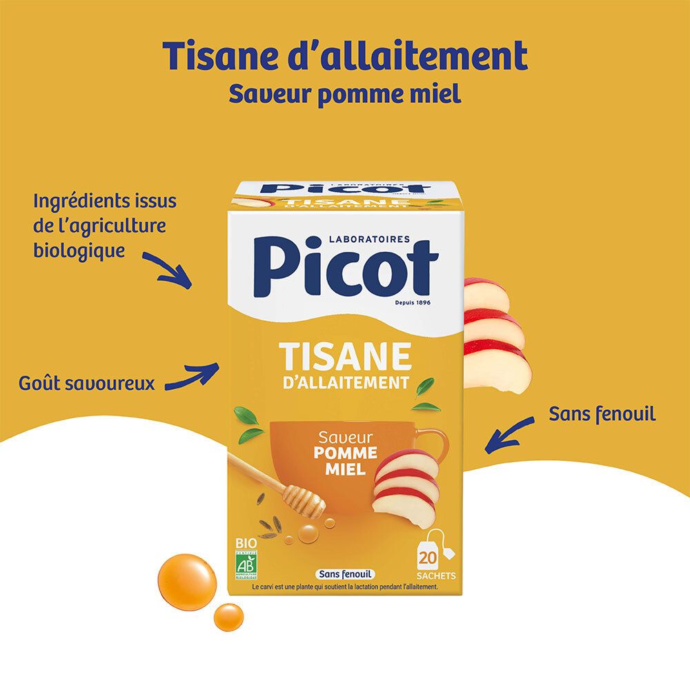 Picot Tisane d'allaitement pomme miel, 20 sachets. Ingrédients bio, sans fenouil.