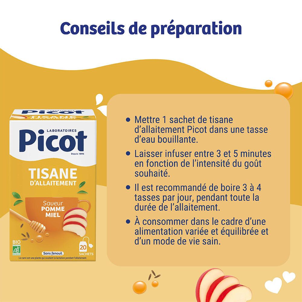 Tisane d'allaitement Picot saveur pomme miel, 20 sachets.