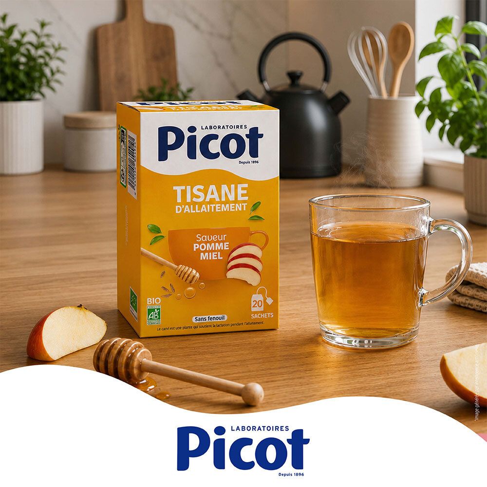 Picot Tisane d'allaitement Pomme Miel, 20 sachets. Logo Bio et "Sans Fenouil" visibles.
