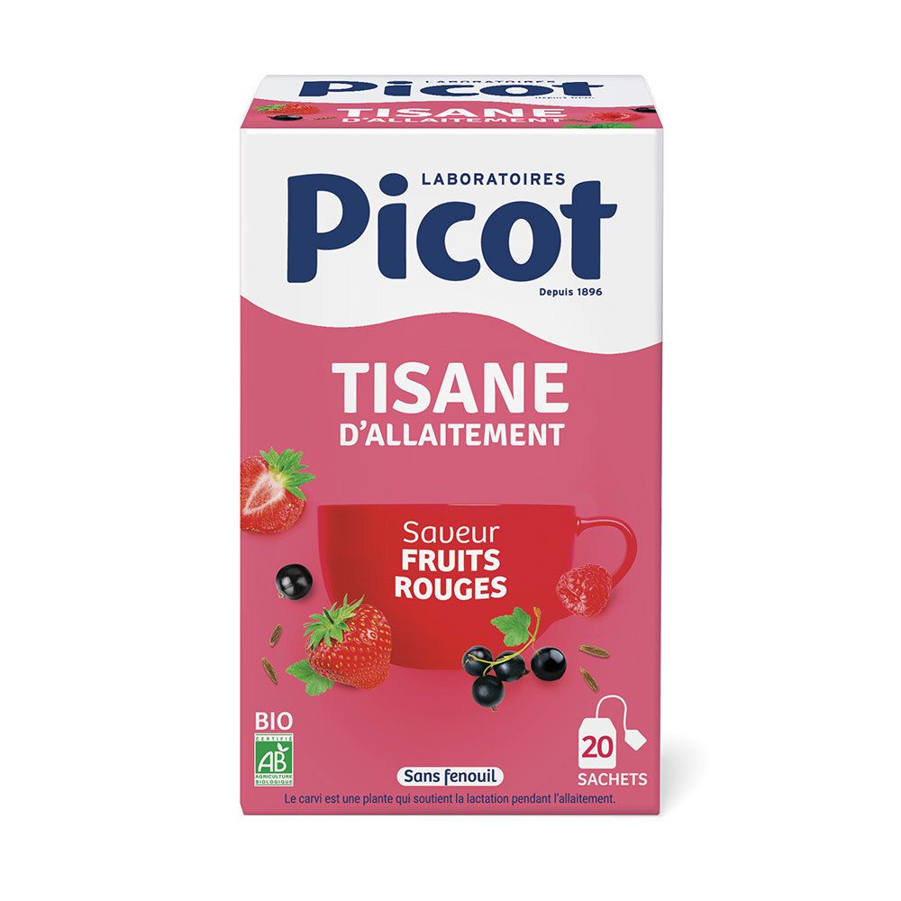Boîte de tisane Picot. Inscription: Tisane d'allaitement, Saveur fruits rouges. Avec label bio et 20 sachets.
