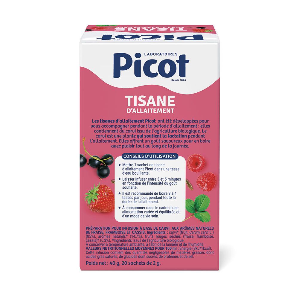 Dos de la boîte de tisane Picot. Texte sur les ingrédients et l'utilisation. Avec label bio et illustrations de fruits.
