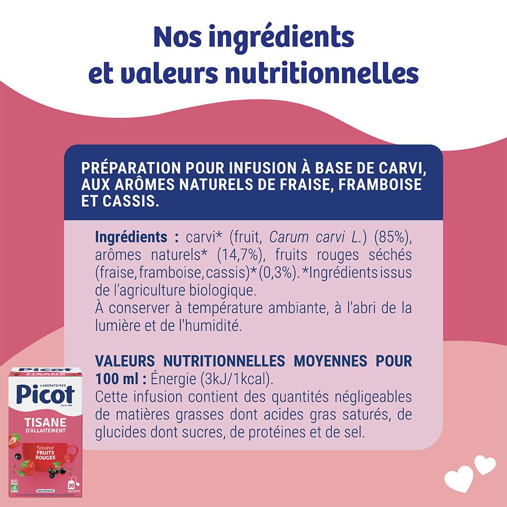 Boîte Picot Bio Tisane d'Allaitement Fruits Rouges avec informations nutritionnelles et liste d'ingrédients.
