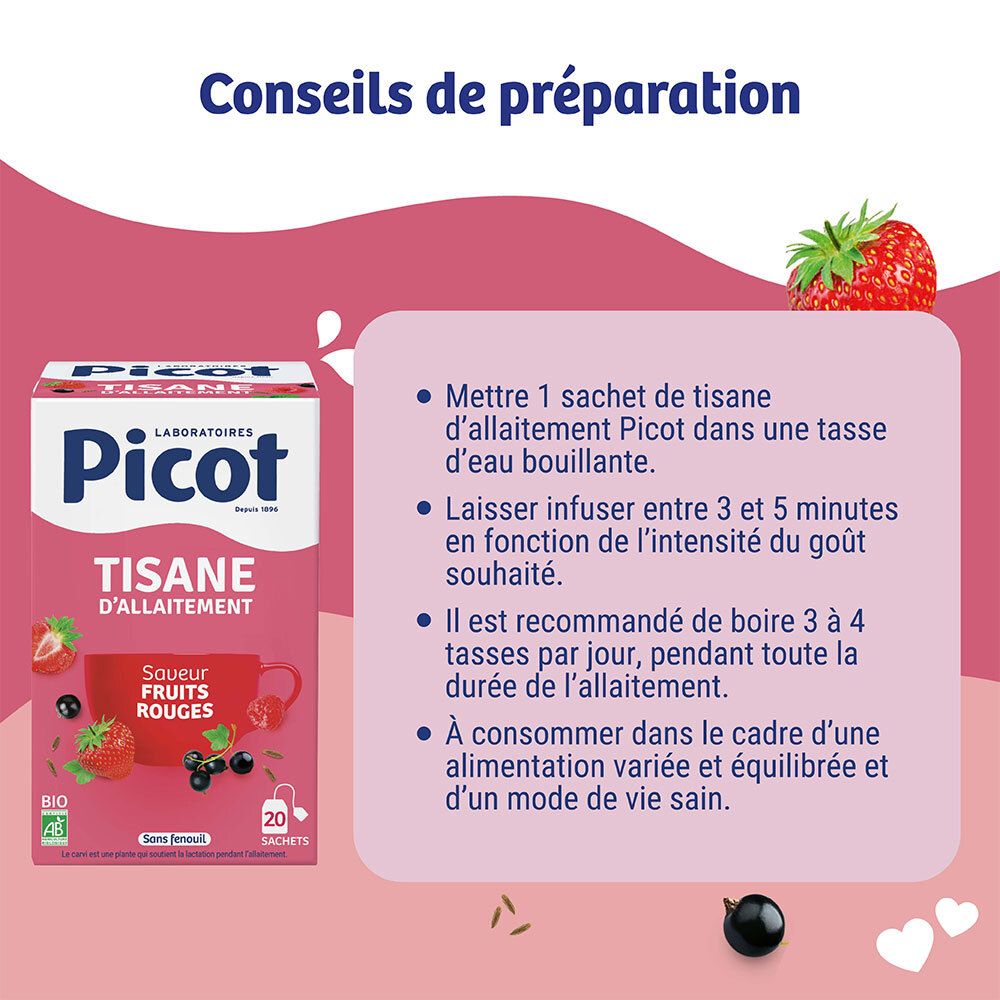 Boîte Picot Bio Tisane d'Allaitement Fruits Rouges avec conseils de préparation et images de fruits.
