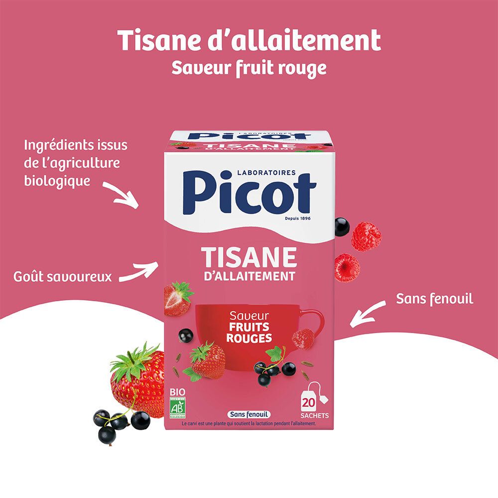 Boîte Picot Bio Tisane d'Allaitement Fruits Rouges soulignant les ingrédients bio et le goût fruité.