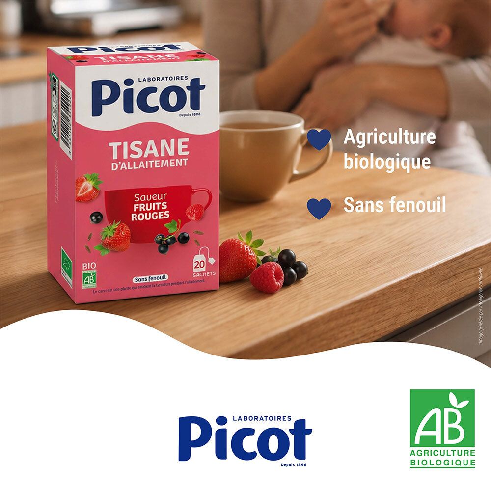 Boîte Picot Bio Tisane d'Allaitement Fruits Rouges près d'une tasse de thé, sur une table en bois.