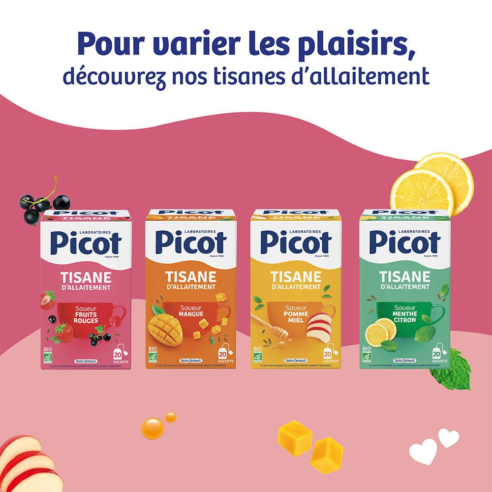 Quatre saveurs de Picot Bio Tisane d'Allaitement : Fruits Rouges, Mangue, Pomme Miel, Menthe Citron.