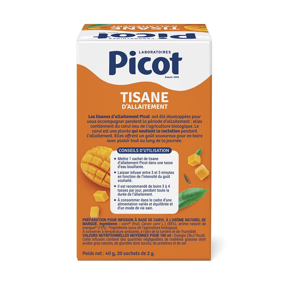 Dos de la boîte Picot Tisane d'allaitement Bio. Texte d'utilisation et informations nutritionnelles. 20 sachets.