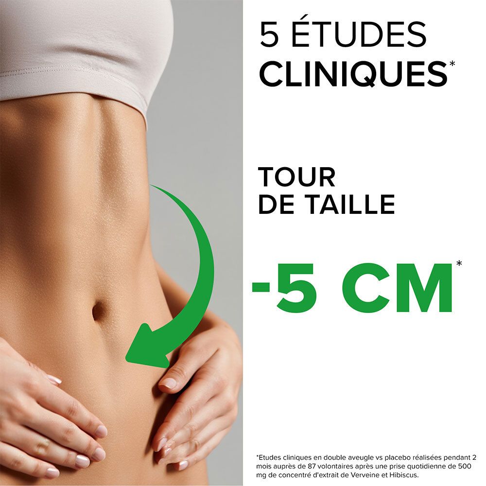 Ventre d'une personne avec texte : '5 études cliniques' et '-5 CM' avec flèche verte. Texte en bas.