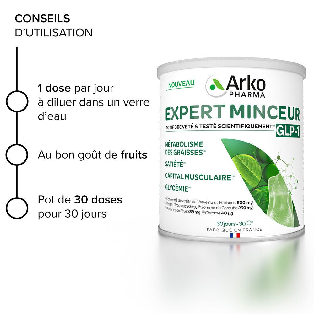 Boîte avec 'Expert Minceur'. Texte : '1 dose par jour', 'Bon goût', '30 doses'.
