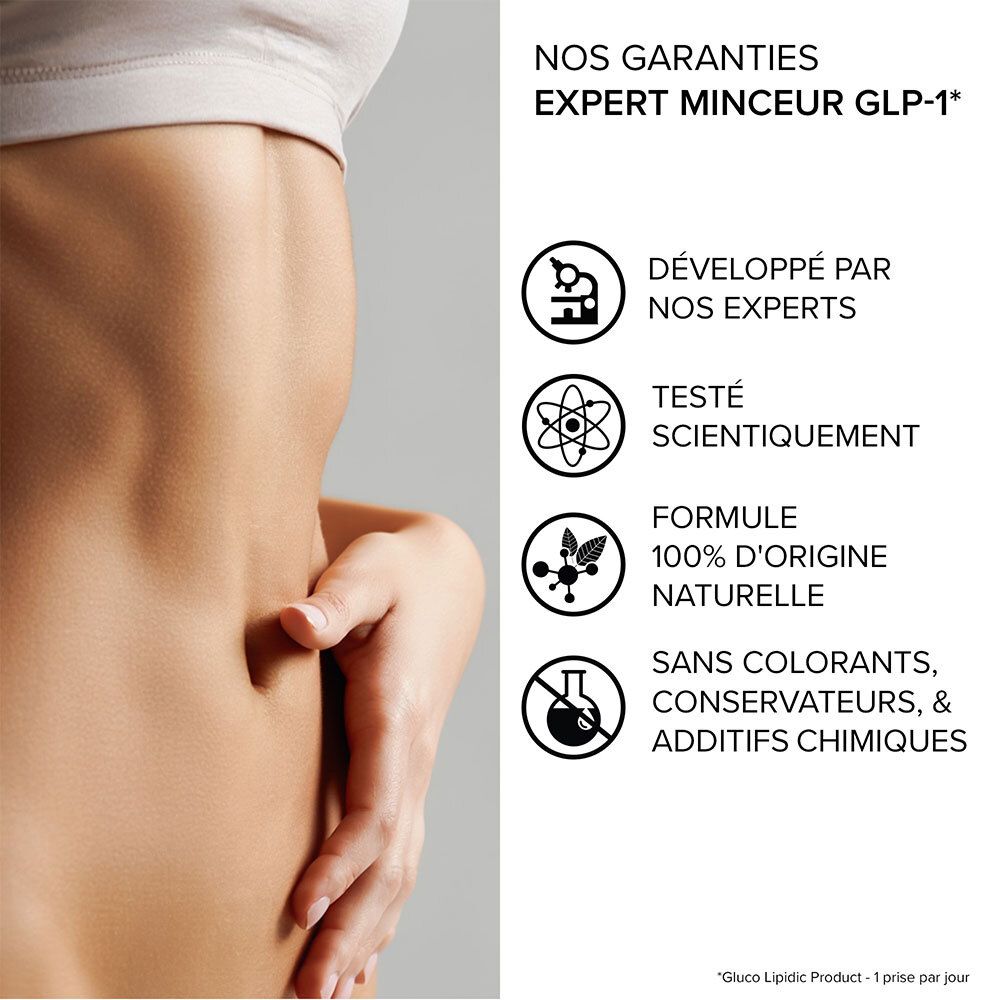 Graphique avec texte : 'Expert Minceur GLP-1'. Montre 'Développé par nos experts', 'Testé scientifiquement', '100% naturel'.