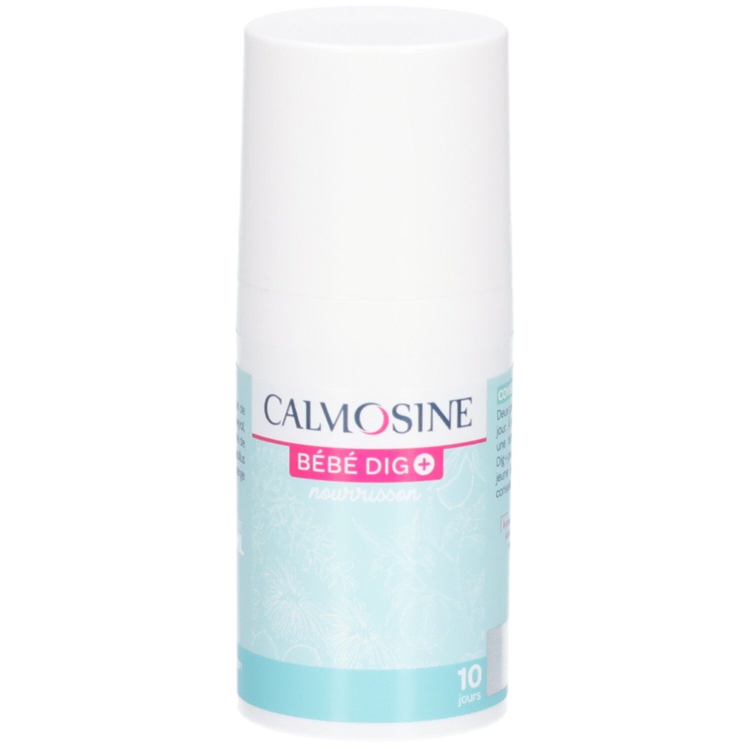 Flacon blanc avec CALMOSINE BÉBÉ DIG+. Fond bleu clair. 10 jours.