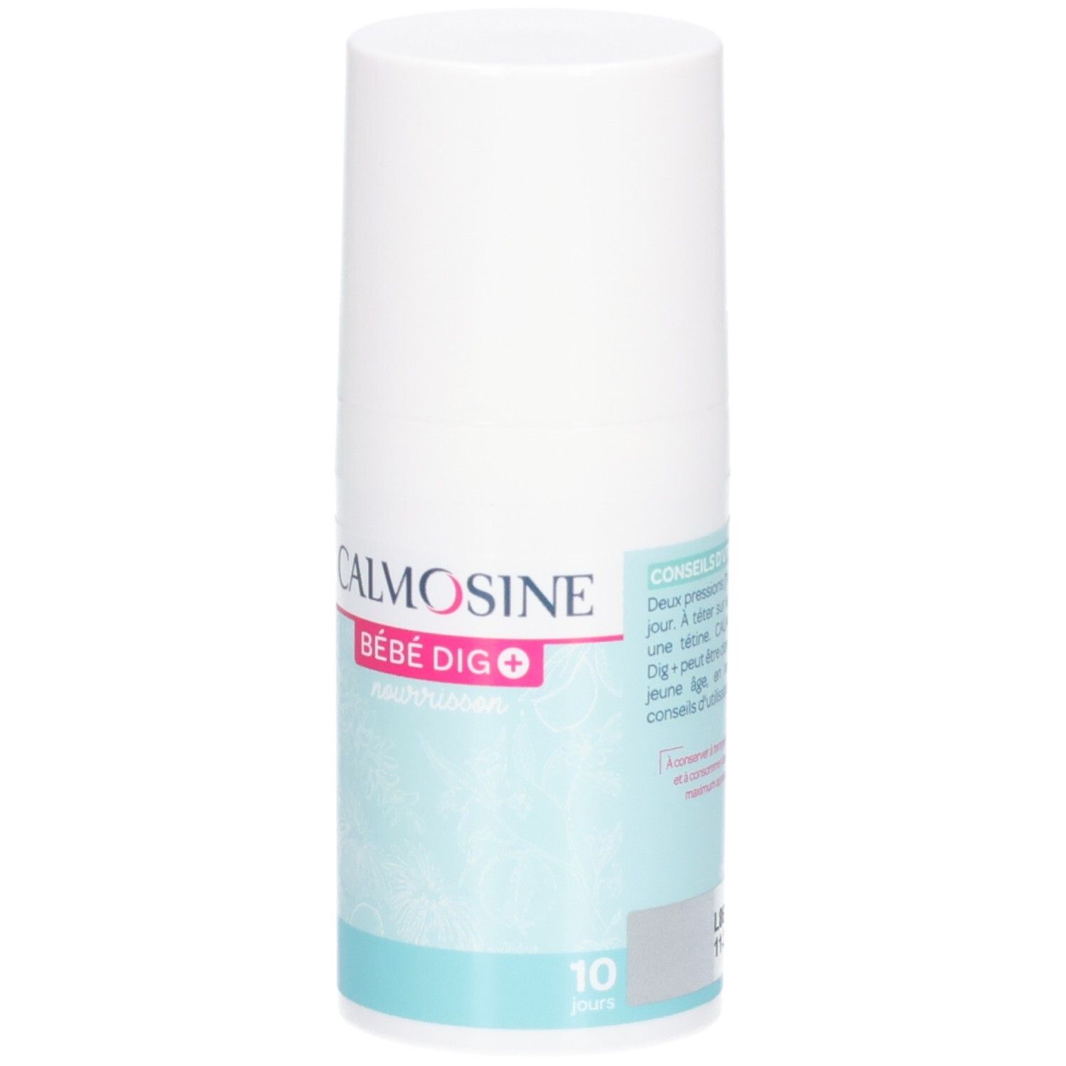 Flacon blanc avec CALMOSINE BÉBÉ DIG+. Fond bleu clair. 10 jours.