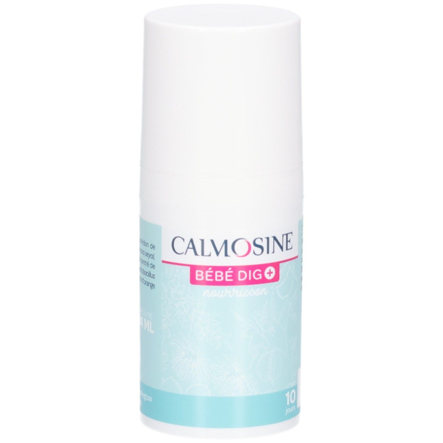 Flacon blanc avec CALMOSINE BÉBÉ DIG+. Fond bleu clair. 10 jours.