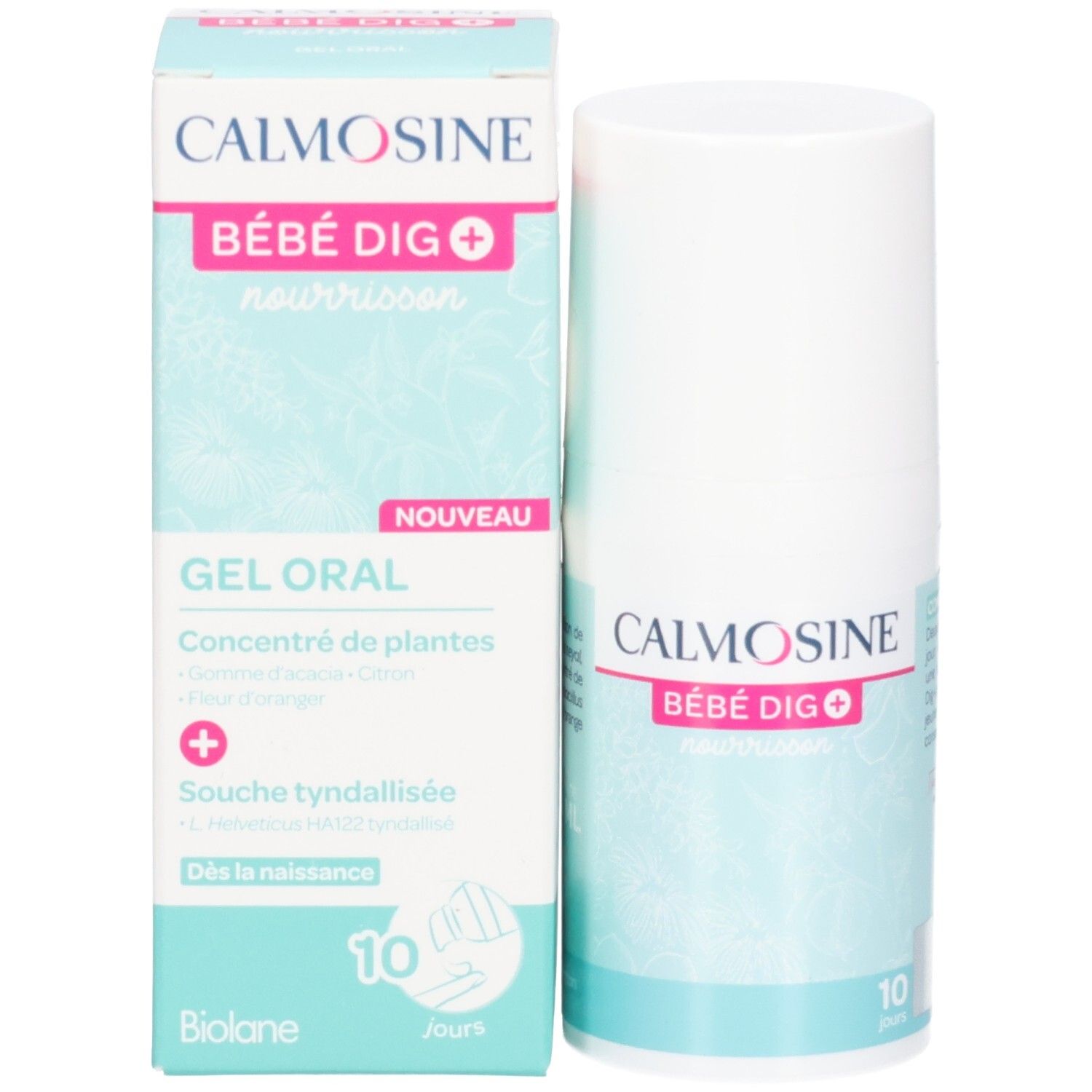 Emballage et flacon. CALMOSINE BÉBÉ DIG+ et GEL ORAL. 10 jours.