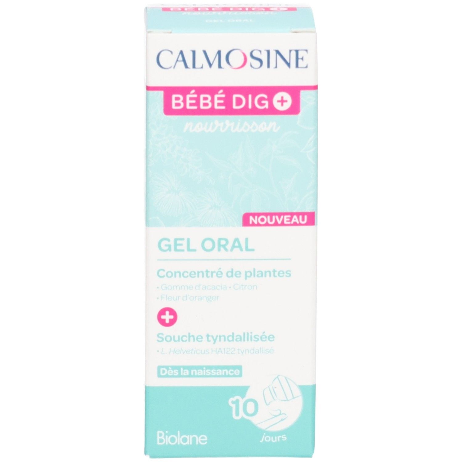 Emballage du produit. CALMOSINE BÉBÉ DIG+ et GEL ORAL. 10 jours.