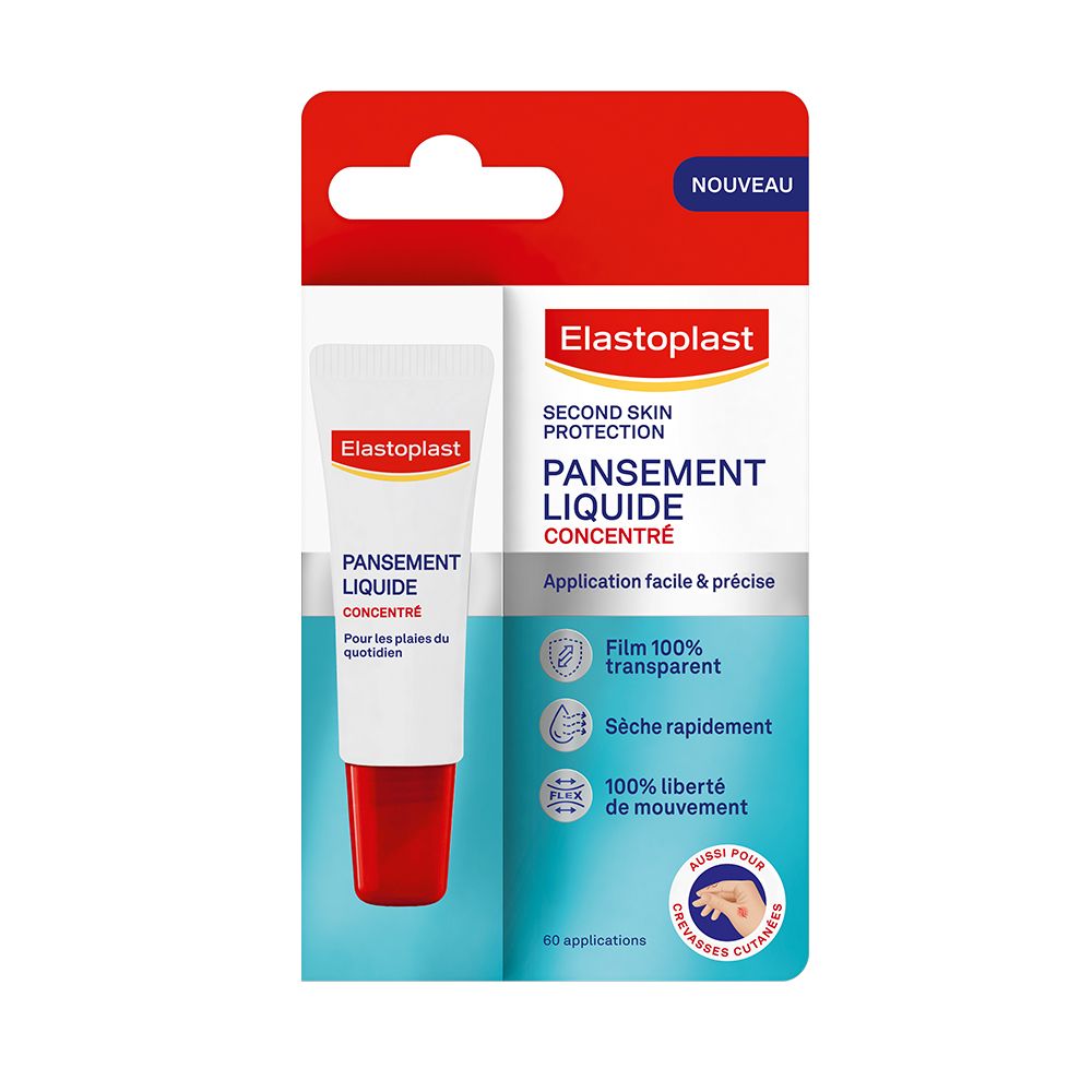 Emballage avec tube. Elastoplast Pansement Liquide Concentré. Tube blanc et rouge. Inscription: Pansement Liquide Concentré.