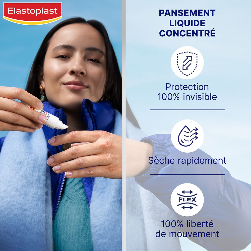 Femme tenant un tube. Logo Elastoplast. Texte: Pansement Liquide Concentré. Caractéristiques: invisible, sèche vite, flexible.
