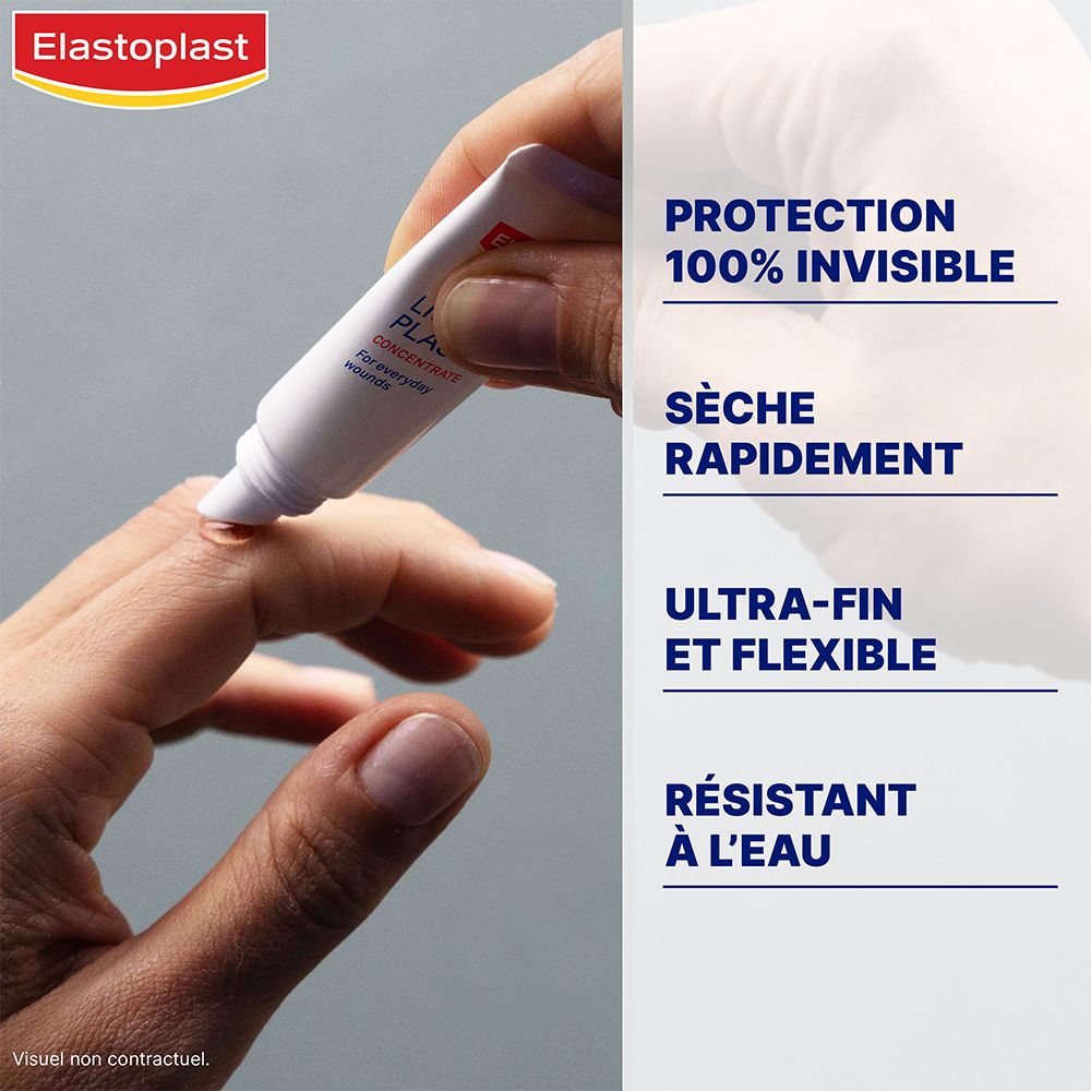 Tube sur doigt. Elastoplast Pansement Liquide Concentré. Caractéristiques: invisible, sèche vite, ultra-fin, résistant à l'eau.