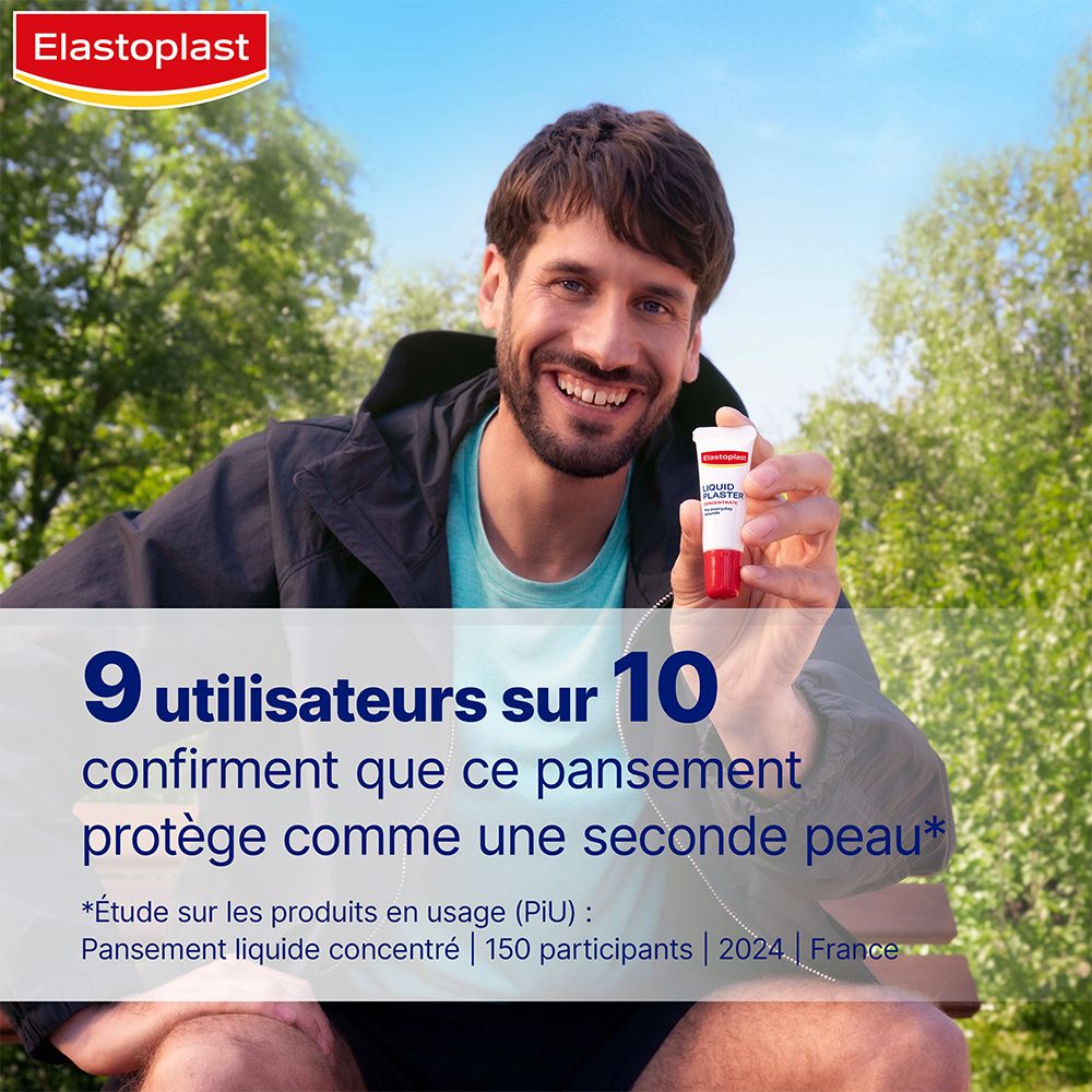 Homme tenant un tube. 9 utilisateurs sur 10 confirment la protection comme une seconde peau. Elastoplast Pansement Liquide Concentré.