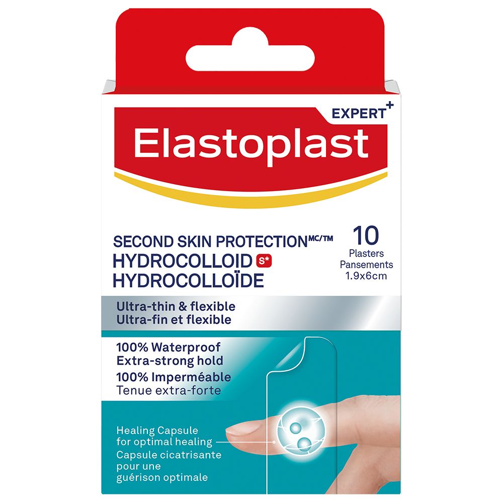 Boîte Elastoplast. Pansements hydrocolloïdes. 10 pièces. Imperméable, tenue extra-forte. 1,9x6cm. Expert+.