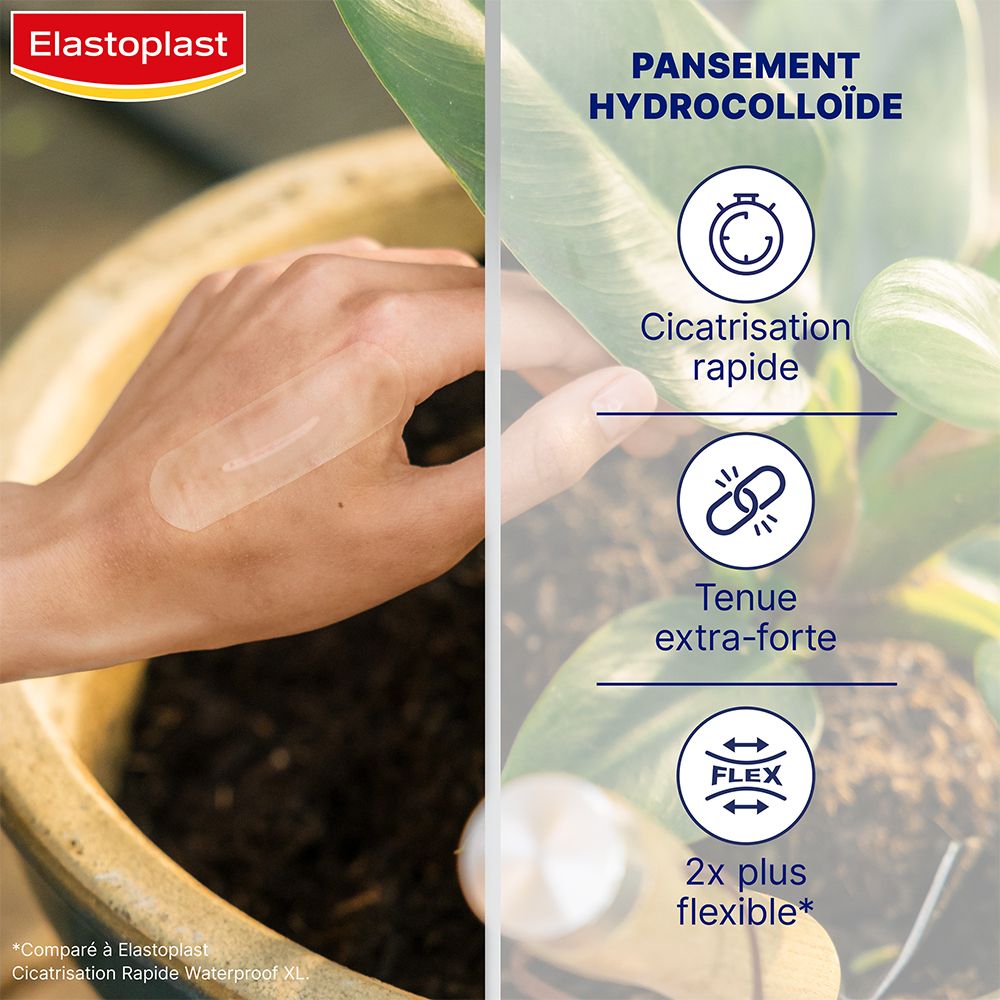 Pansement Elastoplast sur peau. Cicatrisation rapide, tenue extra-forte, 2x plus flexible. Plante en pot.