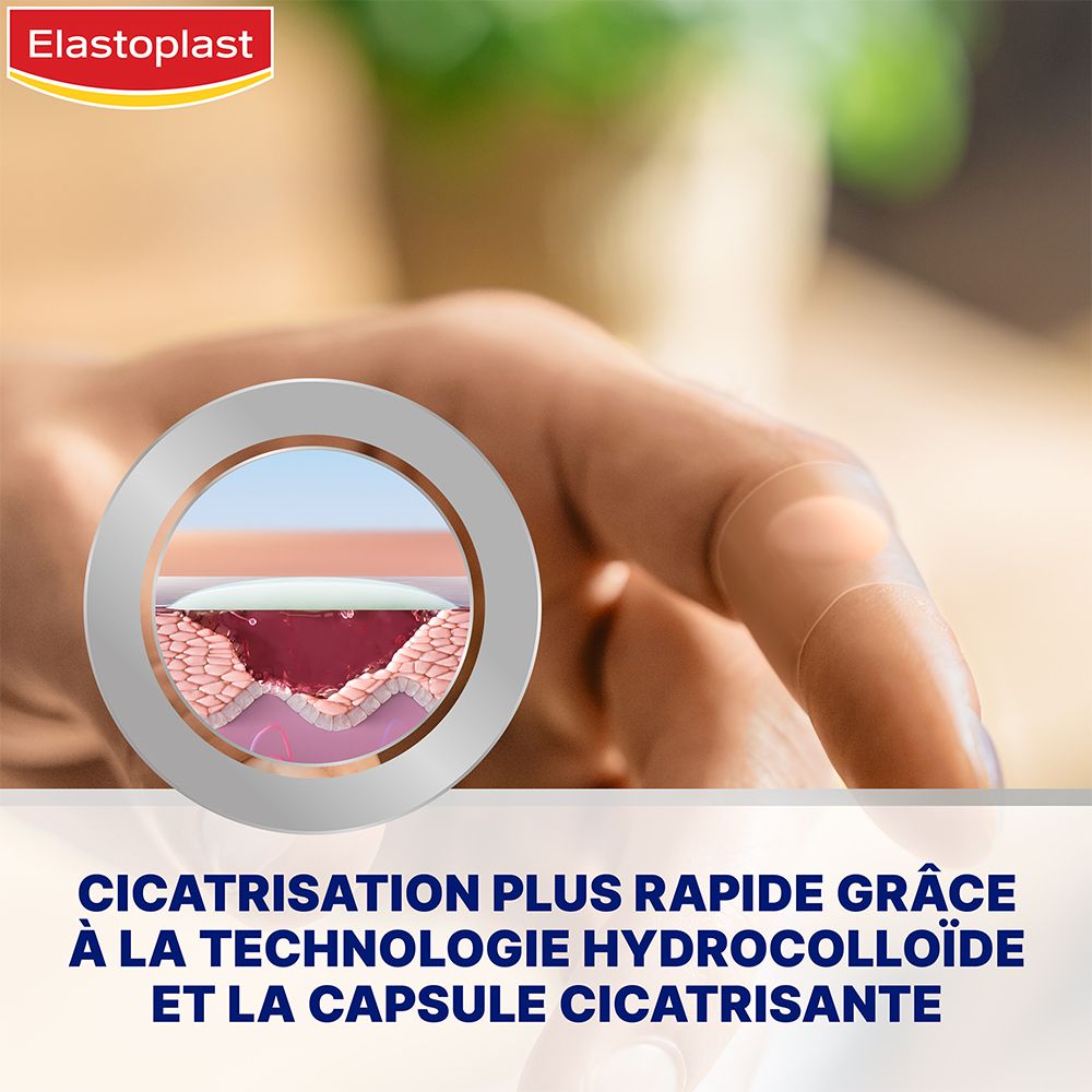 Pansement Elastoplast sur doigt. Cicatrisation plus rapide grâce à la technologie hydrocolloïde et capsule.