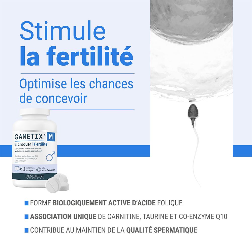 Flacon GAMETIX M et illustration de spermatozoïde. Texte : Stimule la fertilité. Optimise les chances de concevoir.