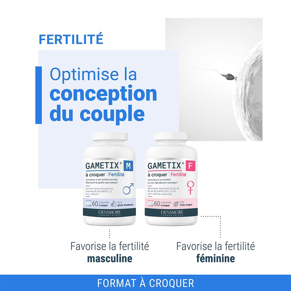Deux flacons GAMETIX M et F. Texte : Favorise la fertilité masculine/féminine. Format à croquer.