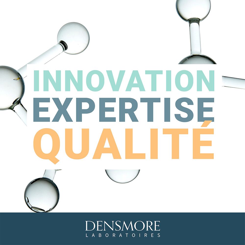 Texte : INNOVATION EXPERTISE QUALITÉ. Fond avec illustration de molécule et logo DENSMORE LABORATOIRES.
