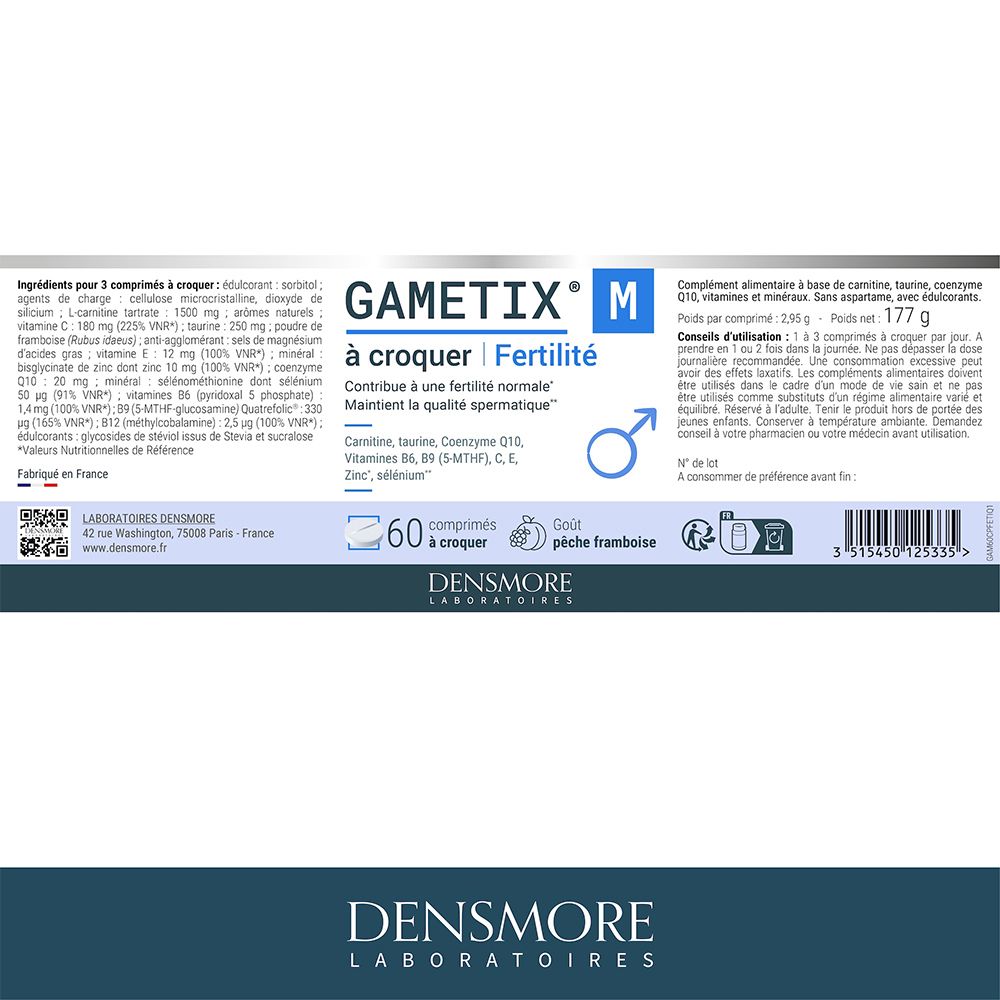 Dos du flacon GAMETIX M. Liste des ingrédients, mode d'emploi, informations fabricant. 60 comprimés.