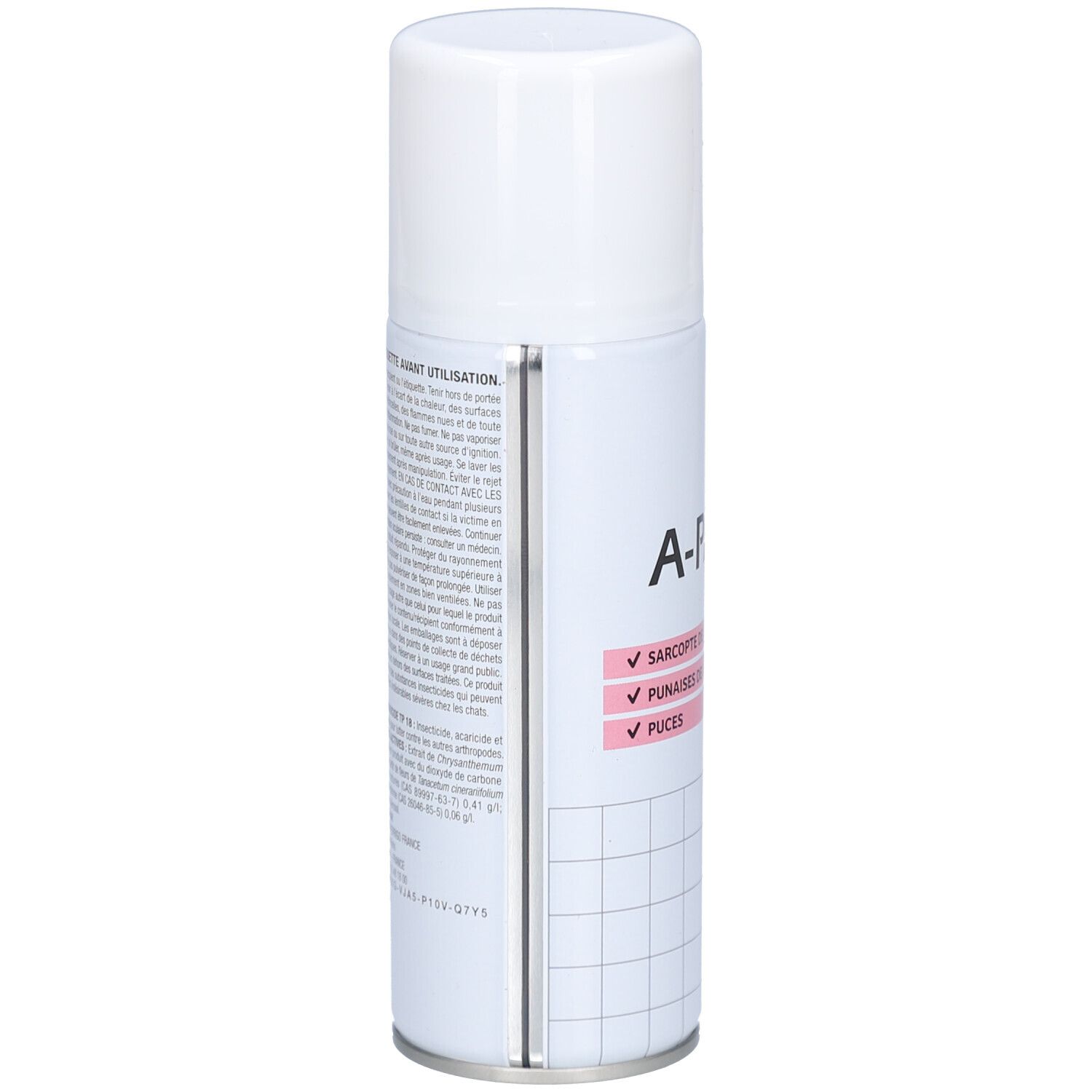 Aérosol blanc. Texte sur le côté, avec un tableau. A-PAR et indications contre la gale, les punaises de lit et les puces.