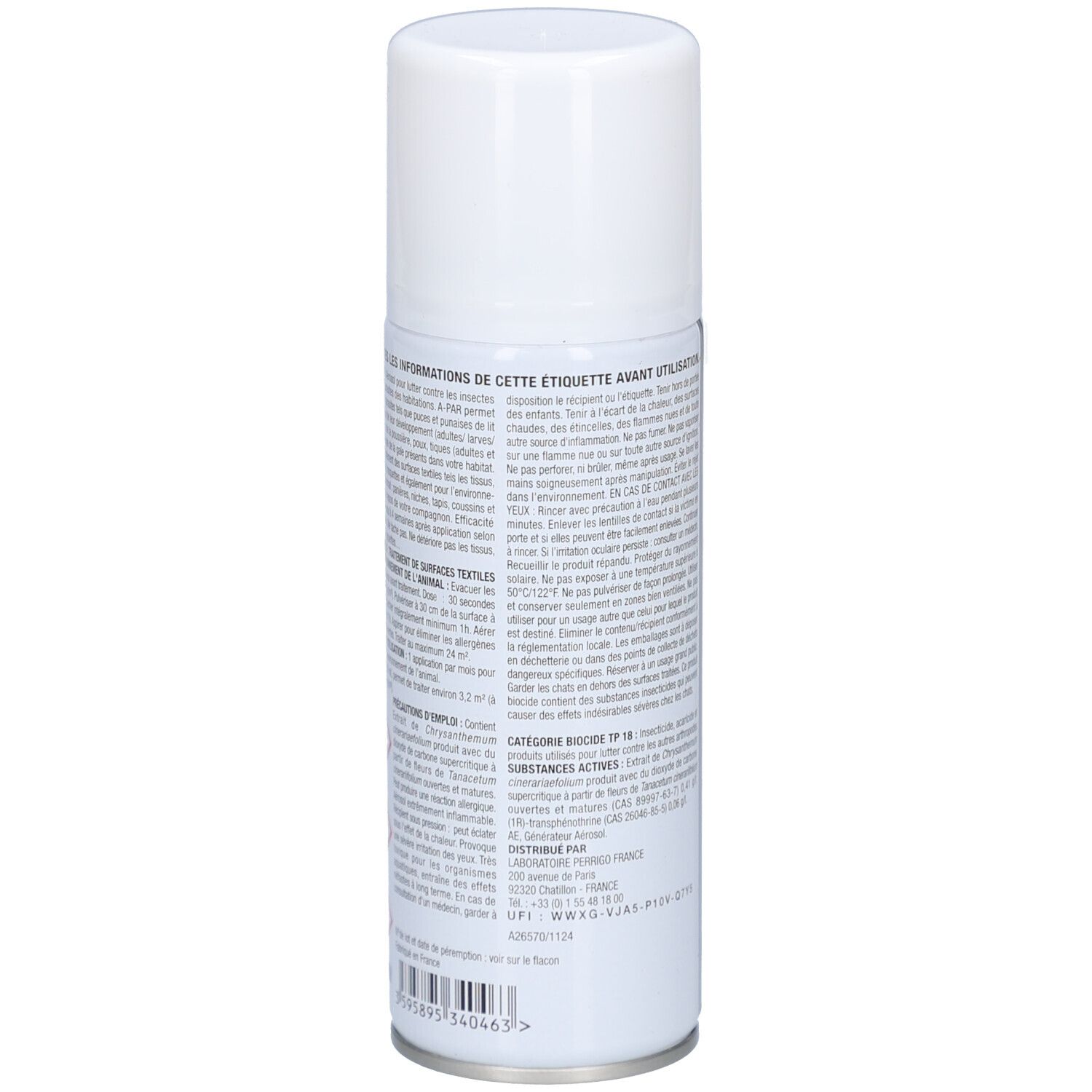 Aérosol blanc. Dos avec texte. Informations d'utilisation et ingrédients. Code-barres et informations fabricant.