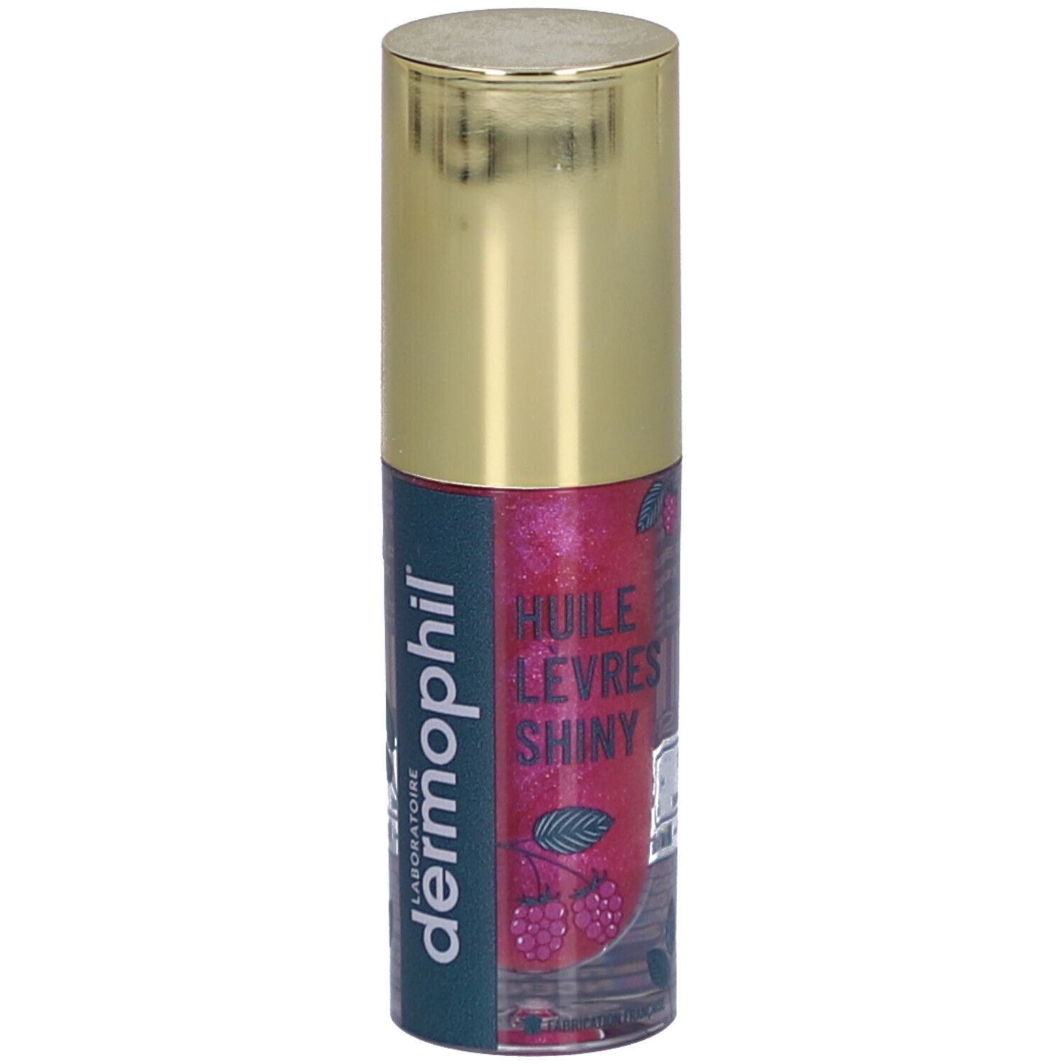 Flacon d'huile à lèvres avec bouchon doré. Inscription: dermophil, Huile Lèvres Shiny. Contenu rose avec illustration de framboises.