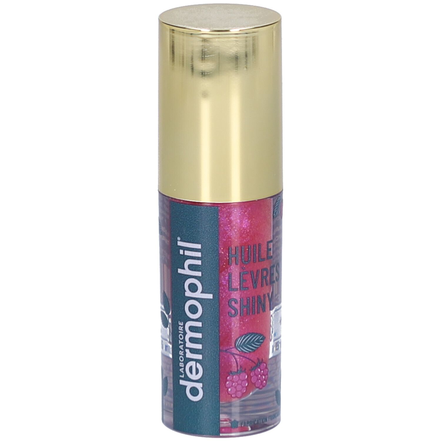 Flacon d'huile à lèvres avec bouchon doré. Inscription: dermophil, Huile Lèvres Shiny. Contenu rose avec illustration de framboises.