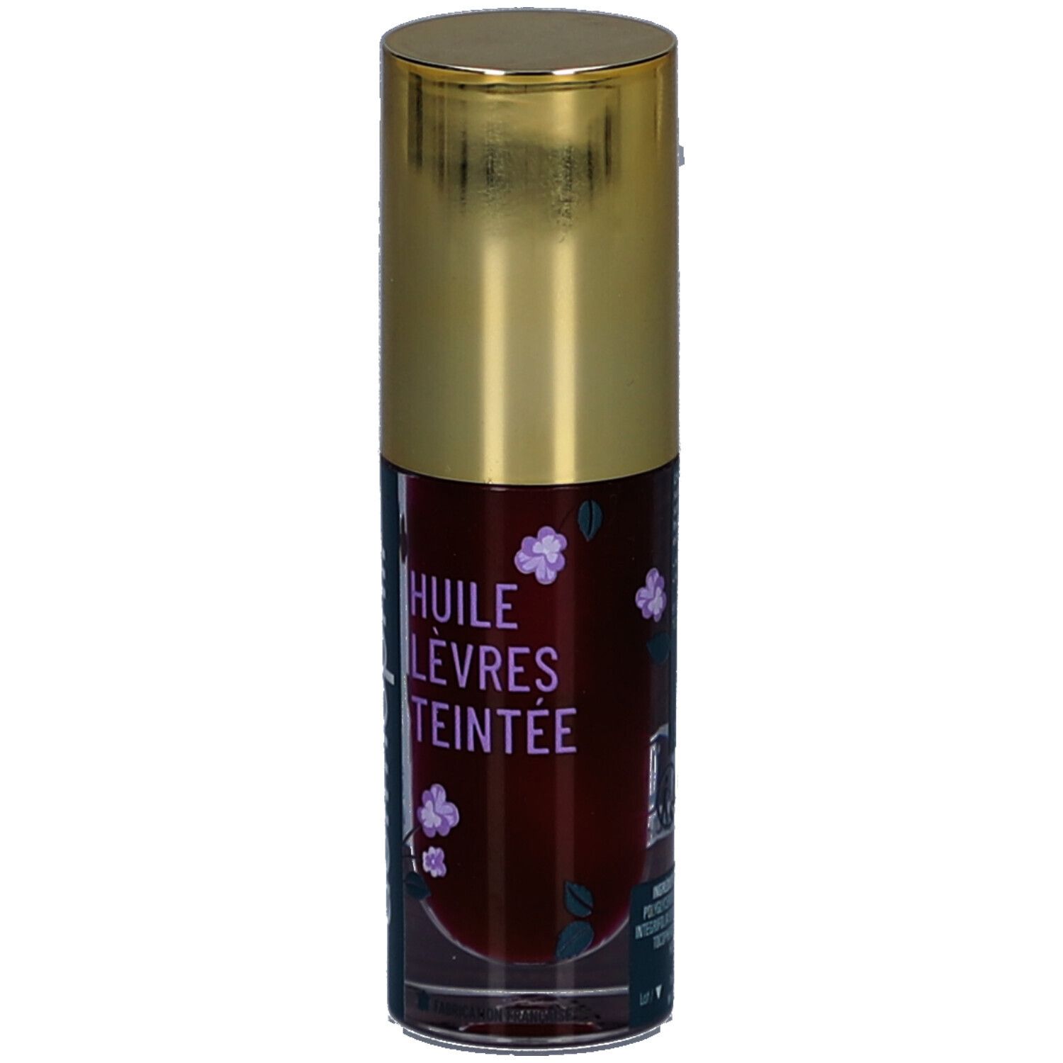 Flacon cylindrique à bouchon doré. Inscription: dermophil, Laboratoire. Nom du produit: Huile Lèvres Teintée.