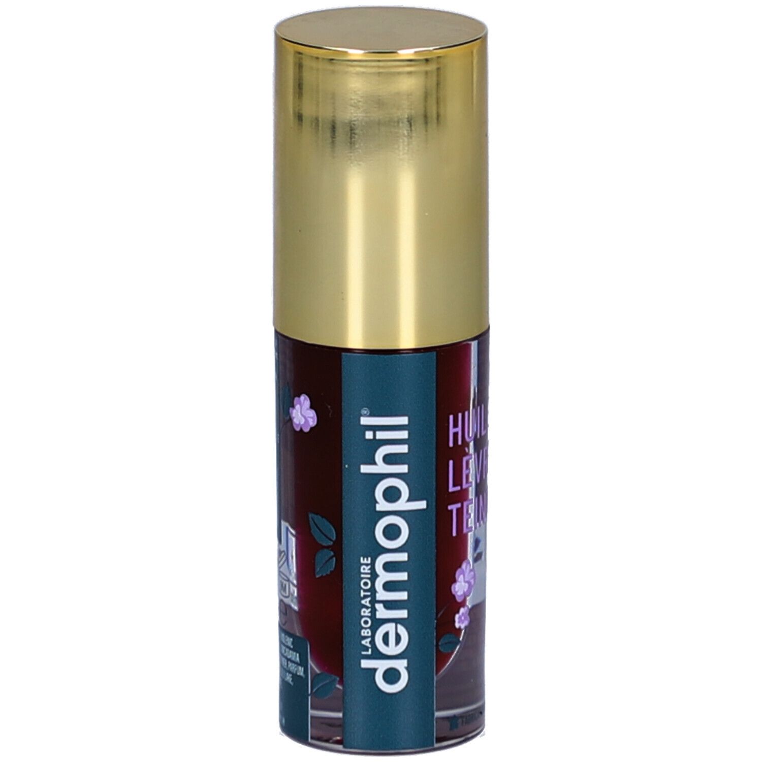 Flacon cylindrique à bouchon doré. Inscription: dermophil, Laboratoire. Nom du produit: Huile à Lèvres Teintée.