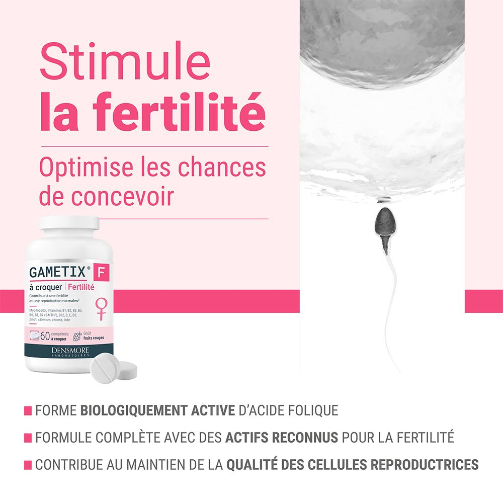 Publicité pour GAMETIX F. Texte: Stimule la fertilité. Optimise les chances de concevoir. Image: spermatozoïde et ovule.
