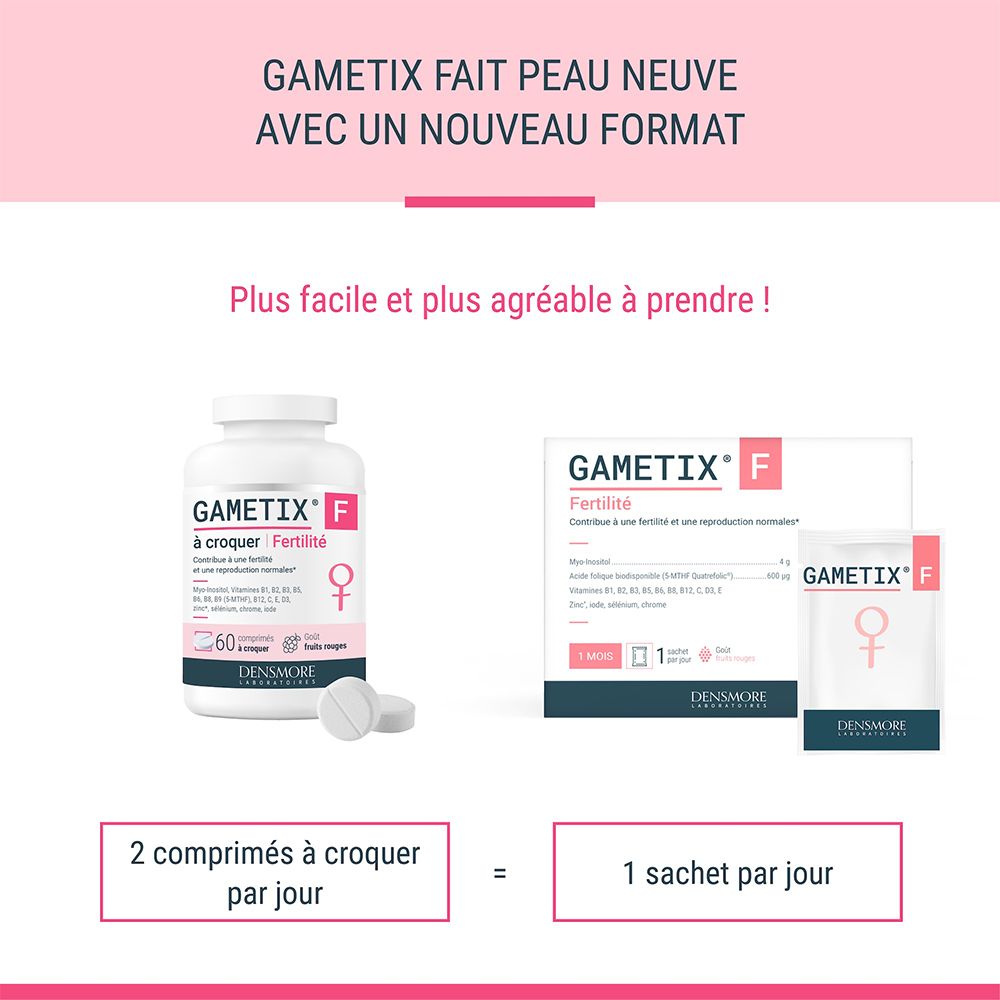 Flacon, boîte et sachet GAMETIX F. Texte: 2 comprimés à croquer par jour = 1 sachet par jour.