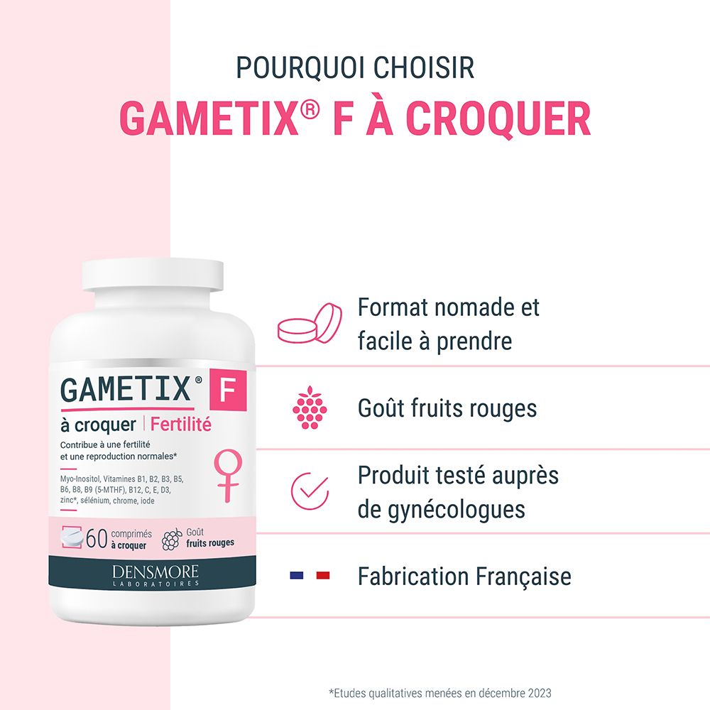Flacon GAMETIX F. Texte: Format nomade et facile à prendre. Goût fruits rouges. Fabrication française.