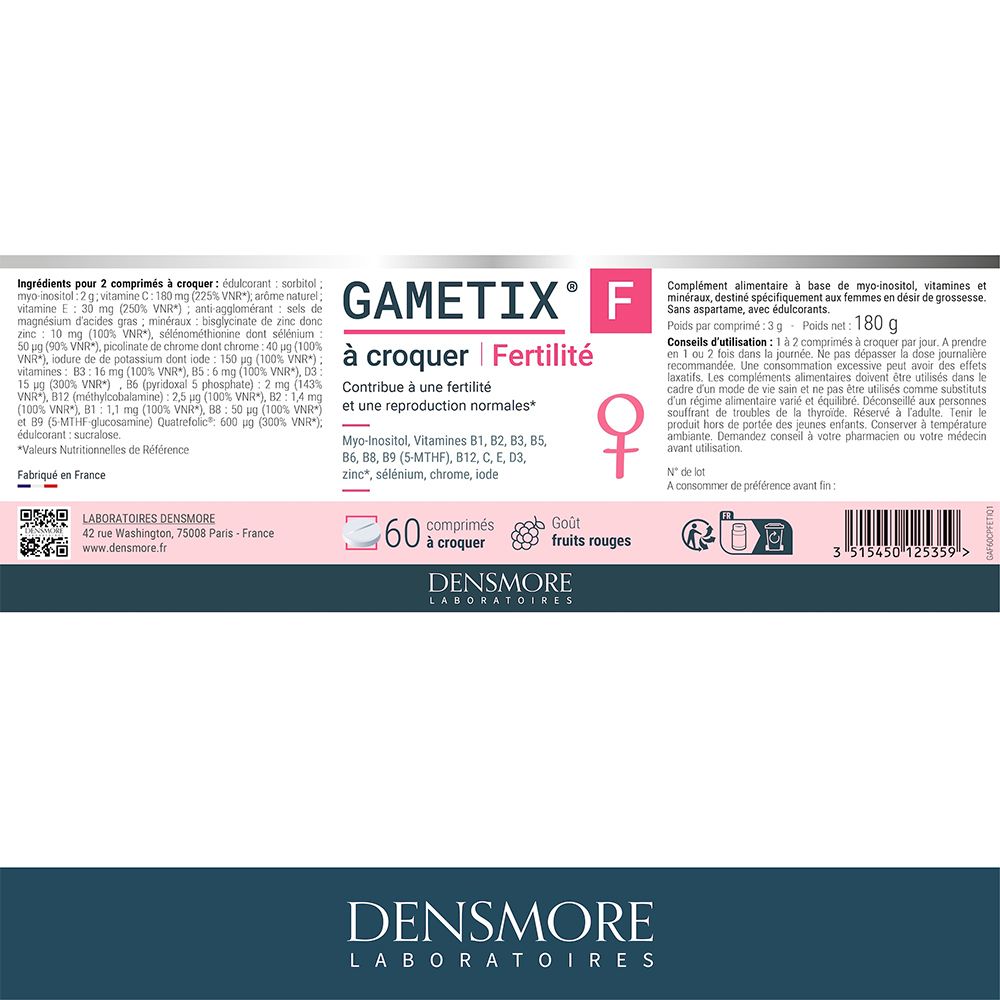 Dos du flacon GAMETIX F. Texte: Ingrédients, conseils d'utilisation, avertissements. 60 comprimés.