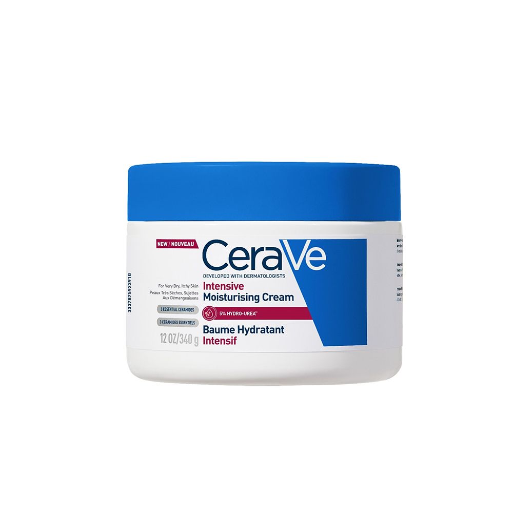 Pot blanc à couvercle bleu. Inscription CeraVe, Intensive Moisturising Cream, Baume Hydratant Intensif.