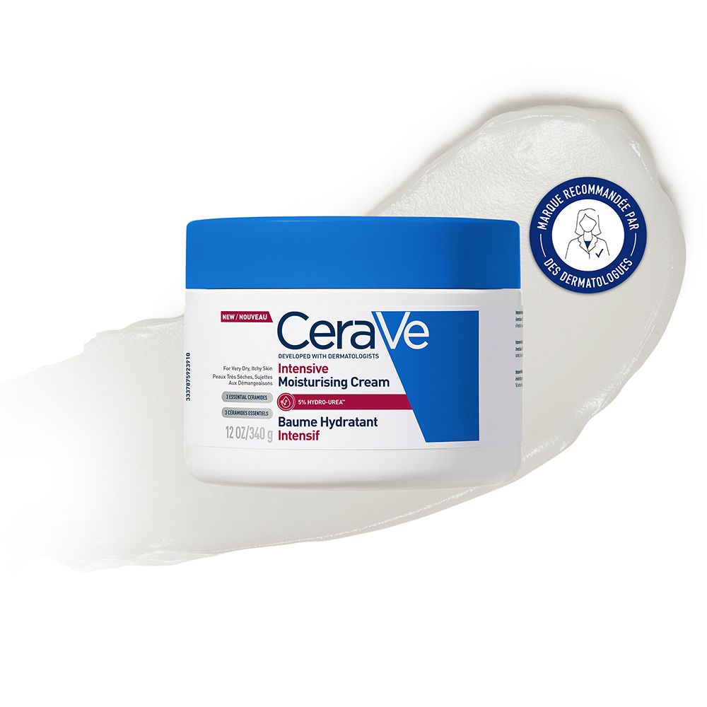 Pot blanc à couvercle bleu. Inscription CeraVe, Intensive Moisturising Cream, Baume Hydratant Intensif. Goutte de crème.