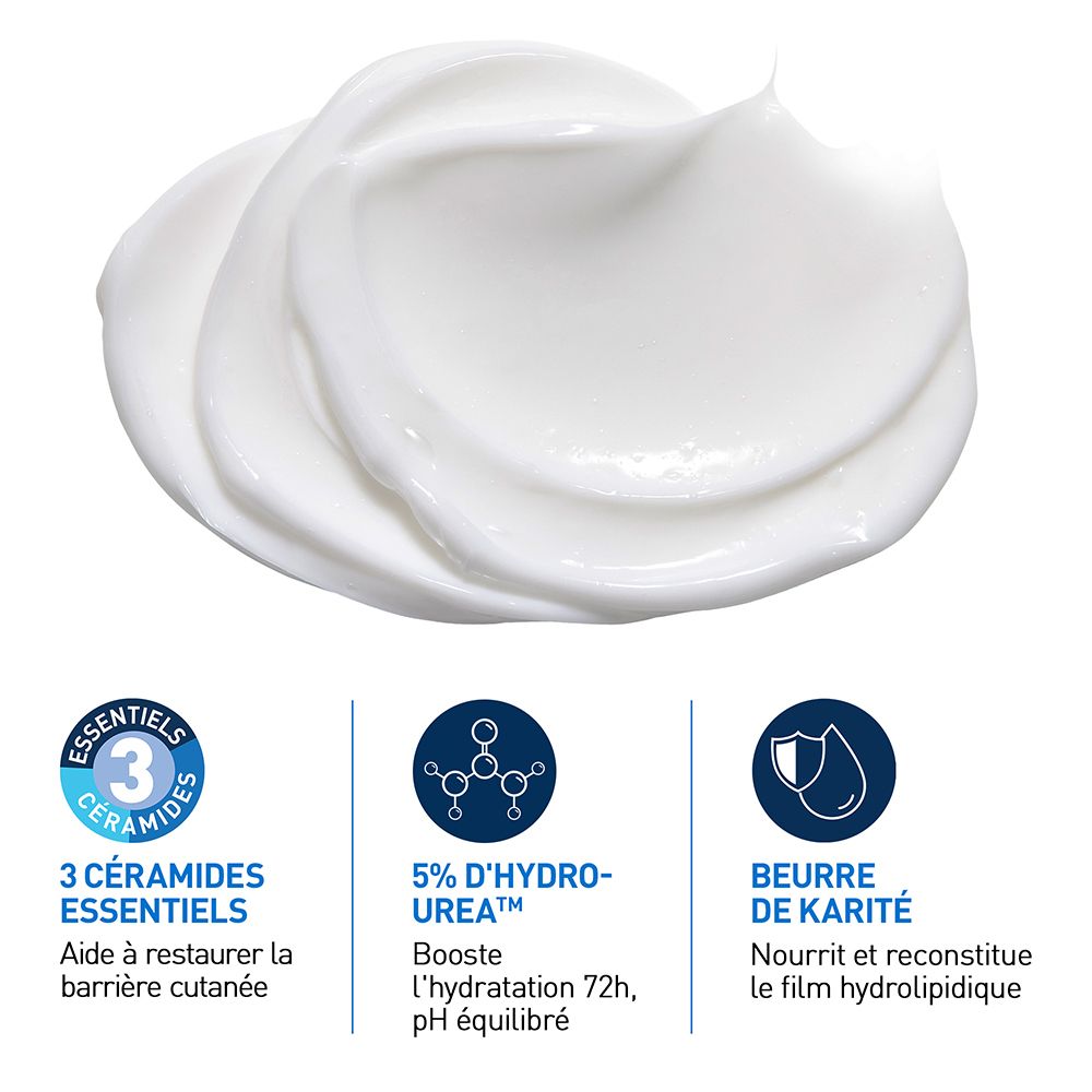 Gros plan de trois symboles : 3 céramides essentiels, 5% d'hydro-urée, beurre de karité. Texte en français.