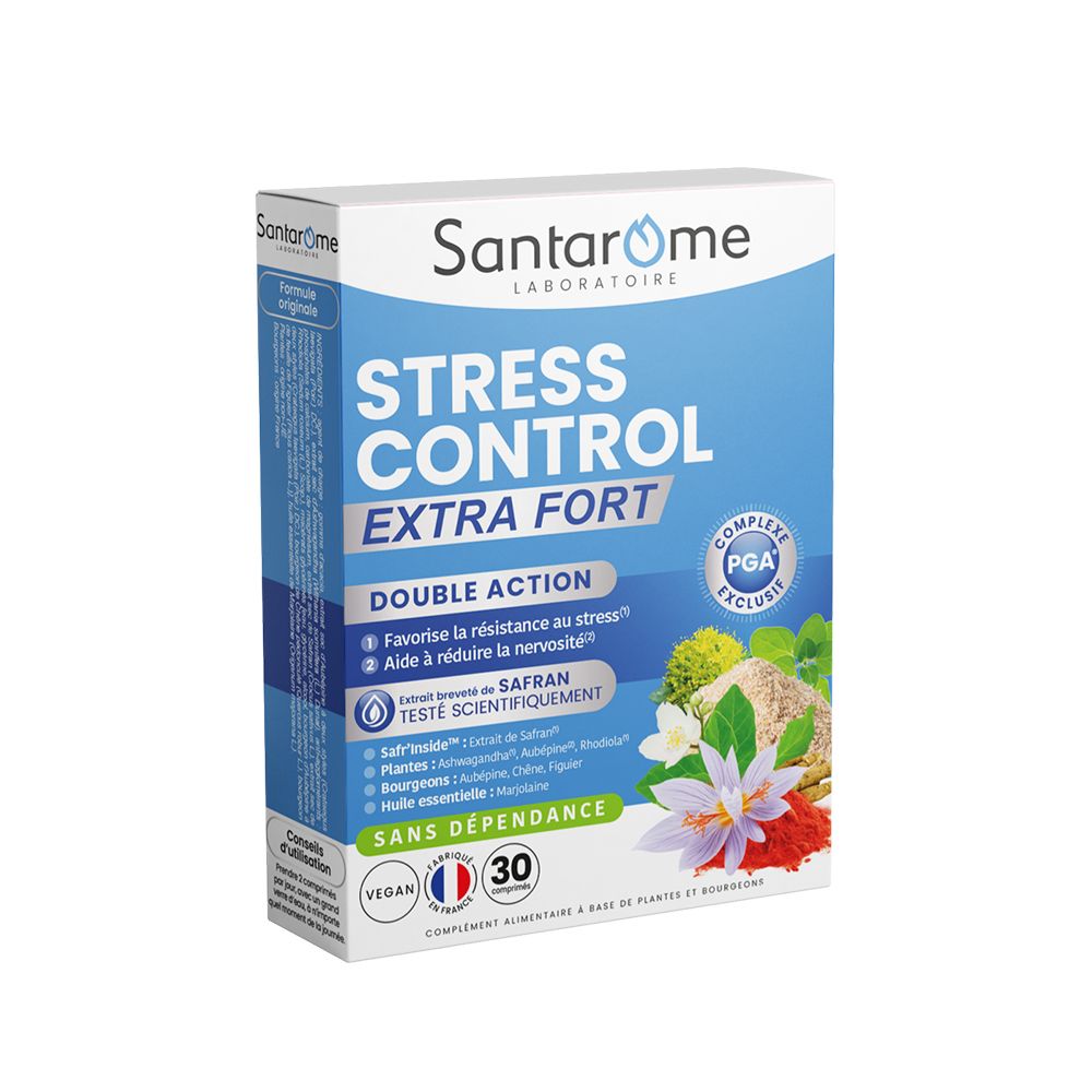 Boîte de SANTAROME STRESS CONTROL EXTRA FORT. Emballage bleu avec informations et 30 comprimés.